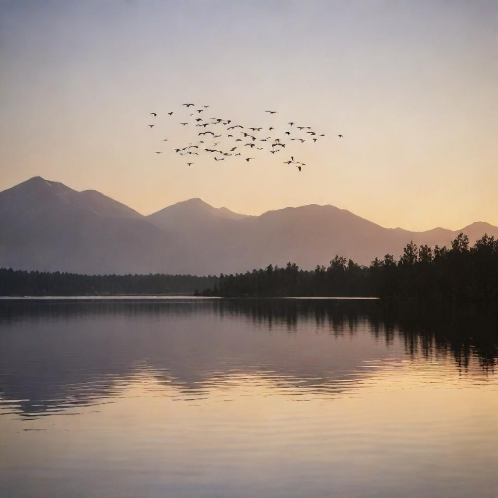 Generate an image of a serene lake at sunrise, with a flock of flying birds silhouetted against the warm, gentle rays of breaking dawn, and majestic mountains standing guard in the distance.