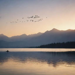 Generate an image of a serene lake at sunrise, with a flock of flying birds silhouetted against the warm, gentle rays of breaking dawn, and majestic mountains standing guard in the distance.