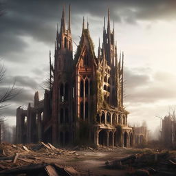 A Gothic spired house, epitomizing intricate architecture, half ruined by a post-apocalyptic future event. Display a dramatic depiction of deterioration and desolation yet maintaining the awe-inspiring element of Gothic architecture.