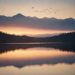 Generate an image of a serene lake at sunrise, with a flock of flying birds silhouetted against the warm, gentle rays of breaking dawn, and majestic mountains standing guard in the distance.