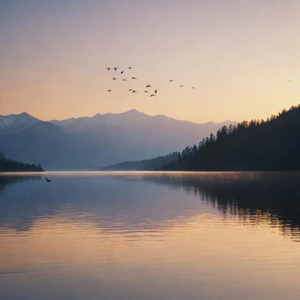 Generate an image of a serene lake at sunrise, with a flock of flying birds silhouetted against the warm, gentle rays of breaking dawn, and majestic mountains standing guard in the distance.