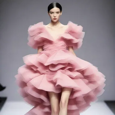 The fashion designer created a dress with layers of ruffles that poke out at various angles, creating an avant-garde look.