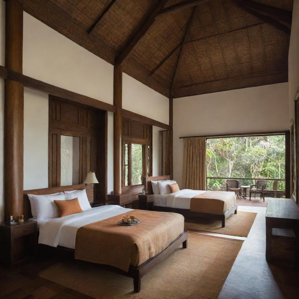 Interior of a luxurious Sri Lankan hotel, displaying its unique blend of modern comforts and traditional Sri Lankan architecture.