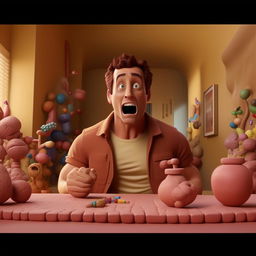 Generate an image in a vibrant claymation style where Steve Carrell, as Chad, is excitedly browsing online forums, finding a 'wonderdrug' that promises incredible muscularity, a sense of awe and inspiration permeating the scene.