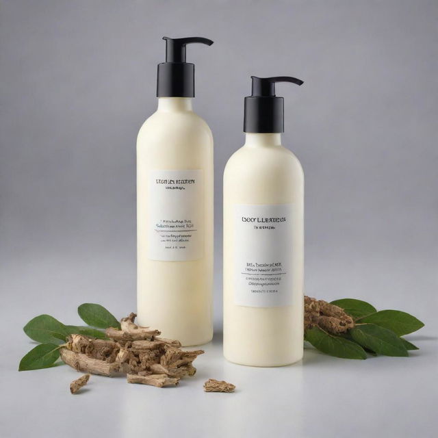 A cost-efficient design for a body lotion product with licorice root, packaged in a simple yet appealing bottle, emphasizing its licorice root ingredient.