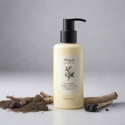 A cost-efficient design for a body lotion product with licorice root, packaged in a simple yet appealing bottle, emphasizing its licorice root ingredient.