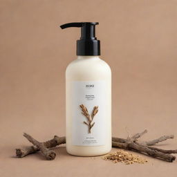 A cost-efficient design for a body lotion product with licorice root, packaged in a simple yet appealing bottle, emphasizing its licorice root ingredient.