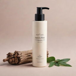 A cost-efficient design for a body lotion product with licorice root, packaged in a simple yet appealing bottle, emphasizing its licorice root ingredient.