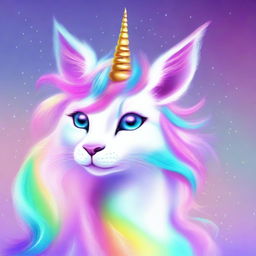 This is a vibrant digital art image of a unique creature, a unicorn cat