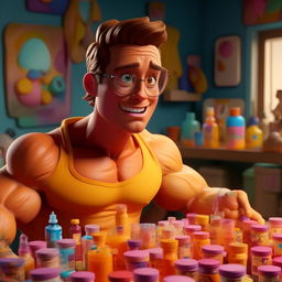 Generate an image in a vibrant claymation style where Steve Carrell, as Chad, is excitedly browsing online forums, finding a 'wonderdrug' that promises incredible muscularity, a sense of awe and inspiration permeating the scene.