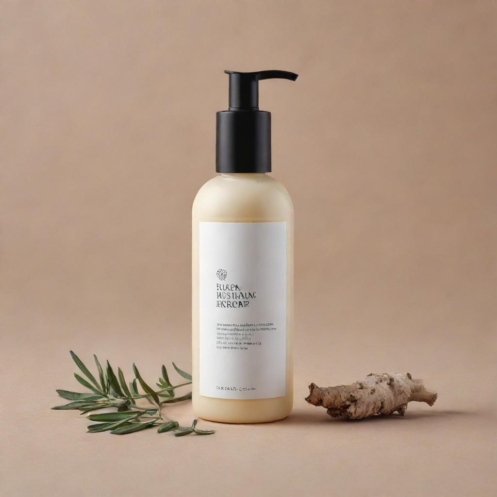 A cost-effective design for a body lotion product with licorice root, packaged in a minimalist yet attractive bottle, emphasizing its organic ingredient.