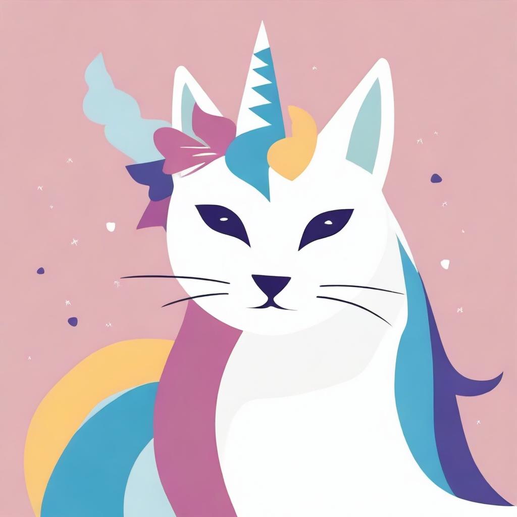 This is a poster-style digital art image, limited to an 8-color palette, featuring a unicorn cat