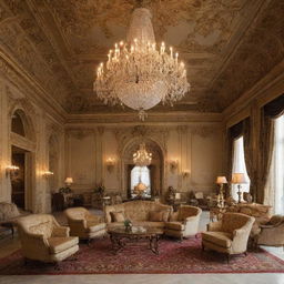 Interior of a five-star luxury hotel with grandly furnished rooms, ornate decorations, plush seating areas, and opulent chandeliers.