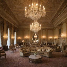 Interior of a five-star luxury hotel with grandly furnished rooms, ornate decorations, plush seating areas, and opulent chandeliers.