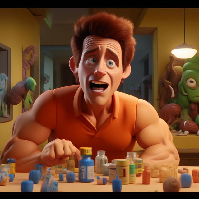 Generate an image in a vibrant claymation style where Steve Carrell, as Chad, is excitedly browsing online forums, finding a 'wonderdrug' that promises incredible muscularity, a sense of awe and inspiration permeating the scene.