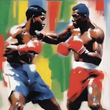 The artist used bold brushstrokes to portray the boxer kayoing his opponent in the painting.