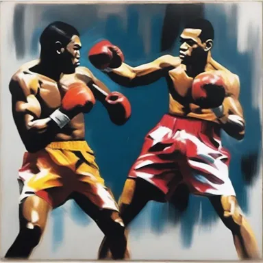 The artist used bold brushstrokes to portray the boxer kayoing his opponent in the painting.