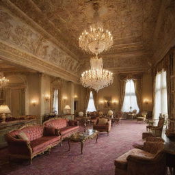 Interior of a five-star luxury hotel with grandly furnished rooms, ornate decorations, plush seating areas, and opulent chandeliers.