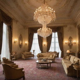 Interior of a five-star luxury hotel with grandly furnished rooms, ornate decorations, plush seating areas, and opulent chandeliers.