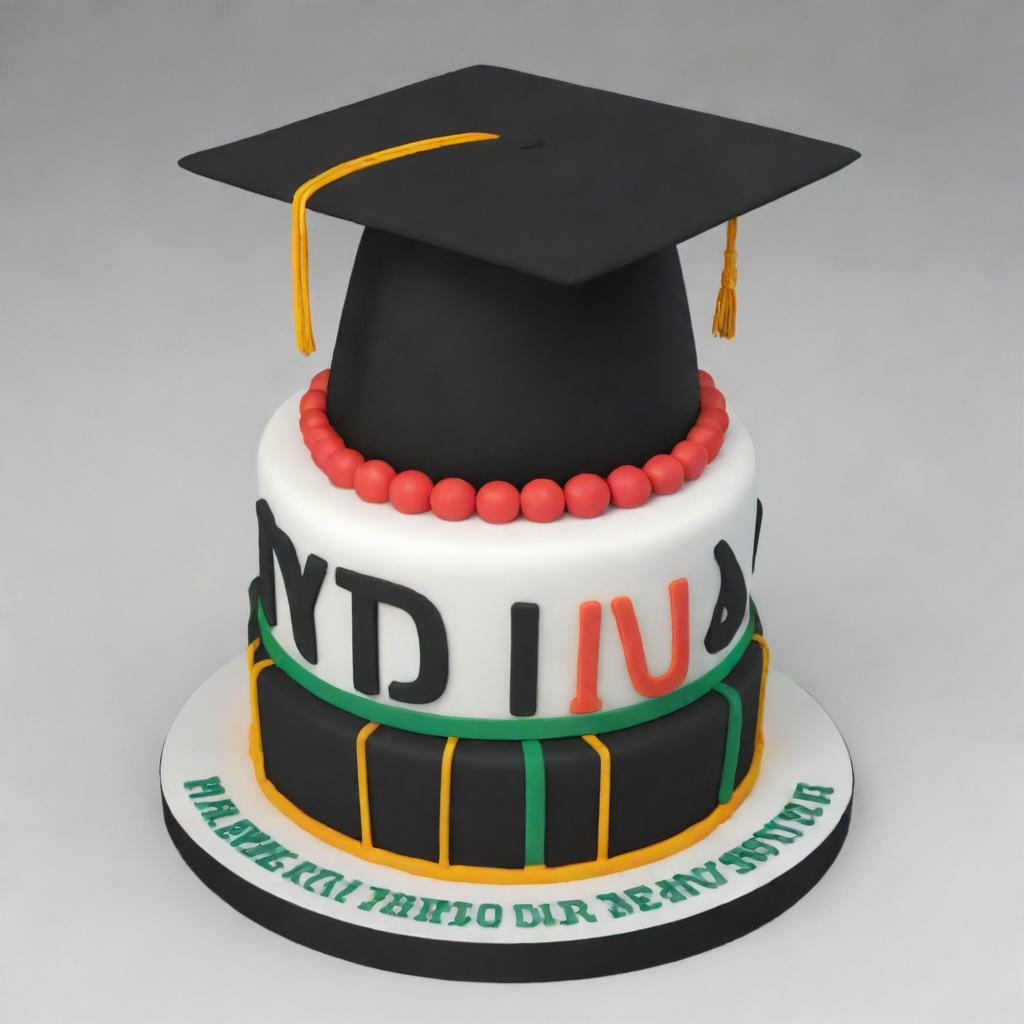 Generate a 3D model of a graduation celebration cake, tailored for a Makerere University student who just earned their Bachelor's Degree in Information Technology. Please ensure the cake design reflects elements associated with their profession.