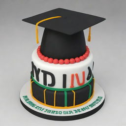 Generate a 3D model of a graduation celebration cake, tailored for a Makerere University student who just earned their Bachelor's Degree in Information Technology. Please ensure the cake design reflects elements associated with their profession.