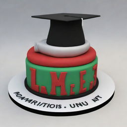 Generate a 3D model of a graduation celebration cake, tailored for a Makerere University student who just earned their Bachelor's Degree in Information Technology. Please ensure the cake design reflects elements associated with their profession.