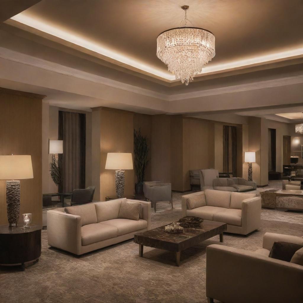 Interior of a upscale hotel featuring lavish furniture, sophisticated design, and a warm, inviting ambiance created by subtle lighting.