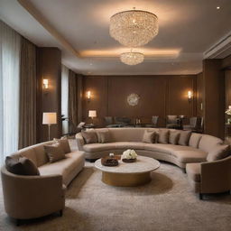 Interior of a upscale hotel featuring lavish furniture, sophisticated design, and a warm, inviting ambiance created by subtle lighting.