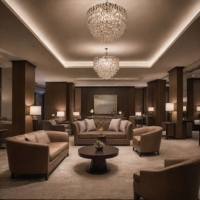 Interior of a upscale hotel featuring lavish furniture, sophisticated design, and a warm, inviting ambiance created by subtle lighting.