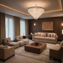 Interior of a upscale hotel featuring lavish furniture, sophisticated design, and a warm, inviting ambiance created by subtle lighting.