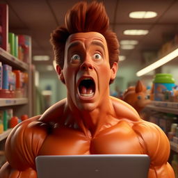 Generate an image in a vibrant claymation style where Steve Carrell, as Chad, is excitedly browsing online forums, finding a 'wonderdrug' that promises incredible muscularity, a sense of awe and inspiration permeating the scene.