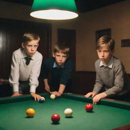 Three young boys engrossed in a game of billiards, with vibrant colored balls scattered across the green felt table, under the warm glow of a hanging light