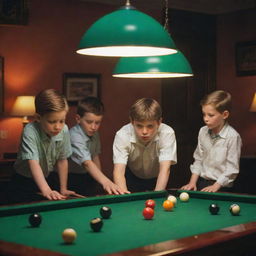 Three young boys engrossed in a game of billiards, with vibrant colored balls scattered across the green felt table, under the warm glow of a hanging light