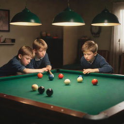 Three young boys engrossed in a game of billiards, with vibrant colored balls scattered across the green felt table, under the warm glow of a hanging light