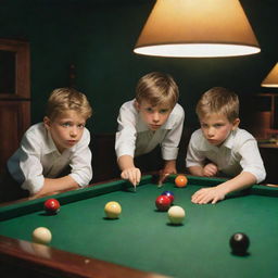 Three young boys engrossed in a game of billiards, with vibrant colored balls scattered across the green felt table, under the warm glow of a hanging light