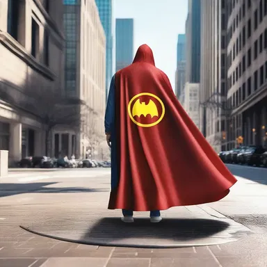 The superhero's cape billowed, revealing the symbol on the undersurface, ready for action.