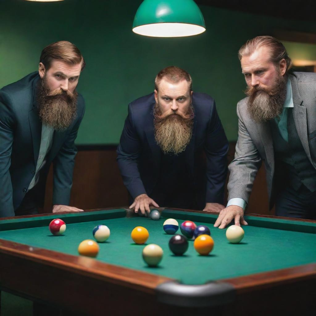 Three bearded men engaged in a competitive game of billiards, surrounded by the distinct colors of the pool balls on a well-lit green table