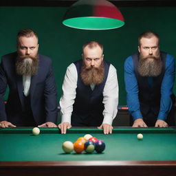 Three bearded men engaged in a competitive game of billiards, surrounded by the distinct colors of the pool balls on a well-lit green table