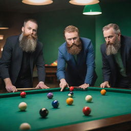 Three bearded men engaged in a competitive game of billiards, surrounded by the distinct colors of the pool balls on a well-lit green table