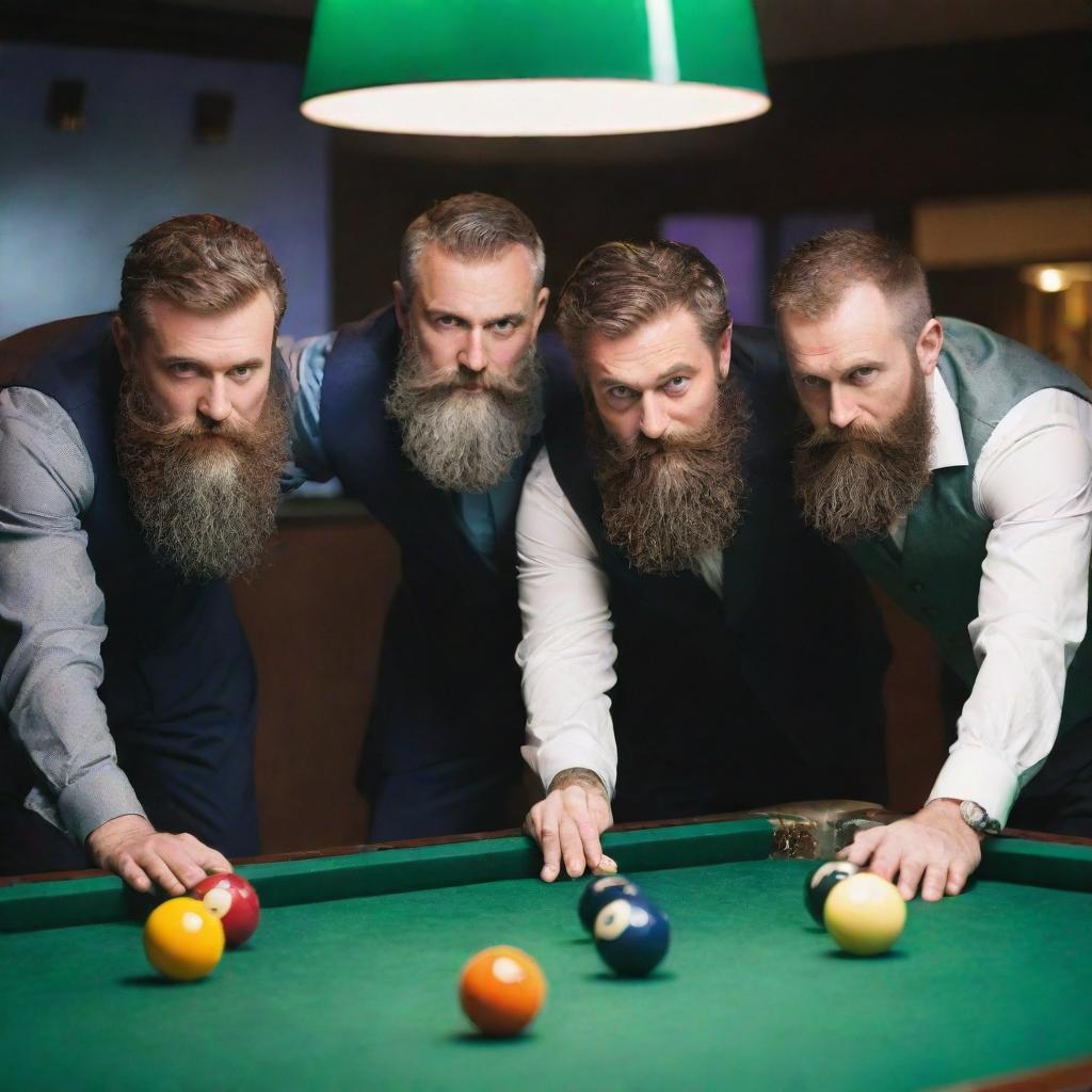 Three bearded men engaged in a competitive game of billiards, surrounded by the distinct colors of the pool balls on a well-lit green table