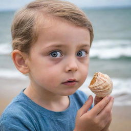 A child with wide eyes marveling at the grandeur of the ocean, holding a seashell close to their ear, engrossed in the sounds of the sea.