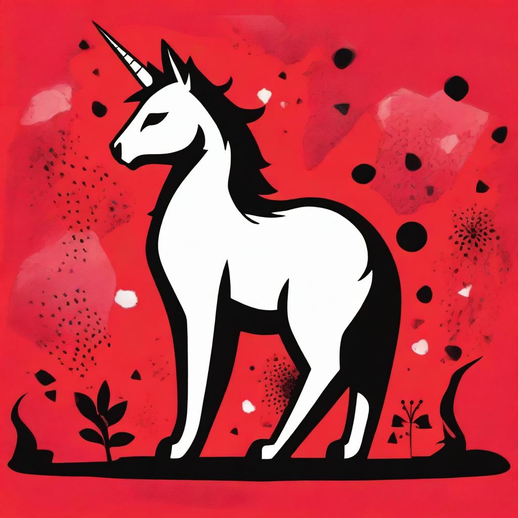 This is a high-quality, stencil-style digital art image featuring a unicorn cat, rendered in a striking 2-color palette of red and black