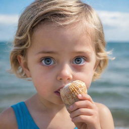 A child with wide eyes marveling at the grandeur of the ocean, holding a seashell close to their ear, engrossed in the sounds of the sea.