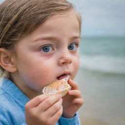 A child with wide eyes marveling at the grandeur of the ocean, holding a seashell close to their ear, engrossed in the sounds of the sea.