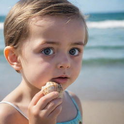 A child with wide eyes marveling at the grandeur of the ocean, holding a seashell close to their ear, engrossed in the sounds of the sea.