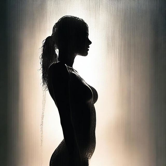 An image depicting a woman in the midst of a shower