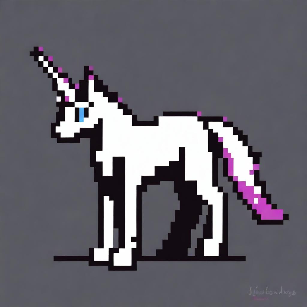 This is a high-quality, 2D 8-bit style digital art image of a unicorn cat, presented in a side view