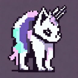 This is a high-quality, 2D 8-bit style digital art image of a unicorn cat, presented in a side view