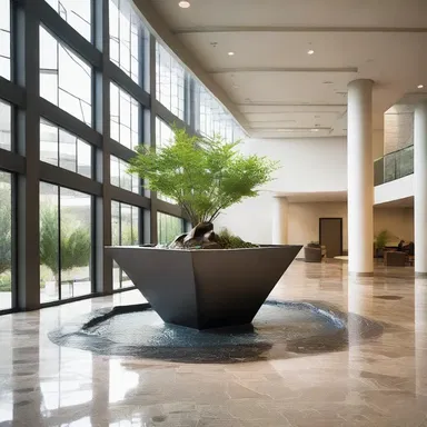 The architect included a beautiful water feature inspired by the caltrop plant in the atrium of the building.