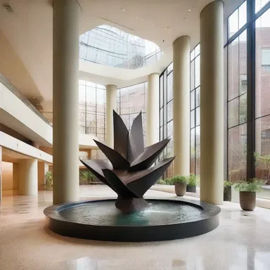 The architect included a beautiful water feature inspired by the caltrop plant in the atrium of the building.